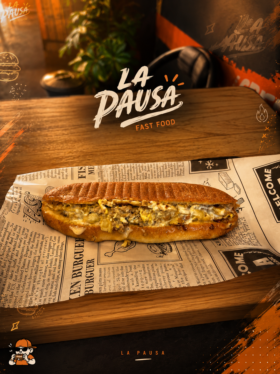 Sandwich La Pausa servi sur papier imprimé